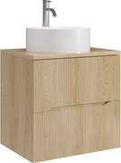 Szafka łazienkowa wisząca prążkowana z okrągłą umywalką nablatową i baterią – Jasny naturalny – 60 cm – ORISO