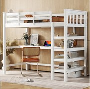 Łóżko piętrowe 90 x 200 cm z biurkiem i półkami do przechowywania - Drewno sosnowe + MDF - Białe
