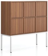 Szafa biurowa FRAME, niska, podstawa biała, 6x drzwi, 1299 x 450 x 1331 mm, PUSH-lock, orzech