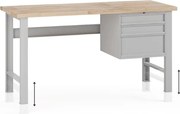 Stół warsztatowy z regulacją wysokości G7, blat bukowy, 1700 x 685 x 840-1040 mm, 1x kontener, 3x szuflada, szary