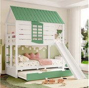 Łóżko piętrowe dla dzieci - 2 x 90 x 200 cm + 90 x 190 cm - ze zjeżdżalnią + łóżko wysuwane - MDF + sosna - zielony