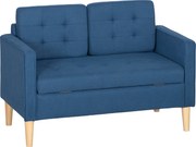 HOMCOM Sofa dwuosobowa z schowkiem, pikowane oparcie, nogi z drewna kauczukowego — 117x62x78 cm, niebieska