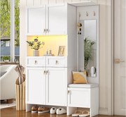 Nowoczesna szatnia wejściowa 120x33.5x180cm - z LED i lustrem - z ławką na buty i szafą na buty - z 2 szufladami i 5 drzwiami - Biały