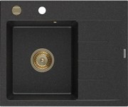 Mexen Ben zlewozmywak granitowy 1-komorowy z ociekaczem, lewy 600 x 500 mm, czarny/srebrny metalik syfon złoty - 6522605000-73-G