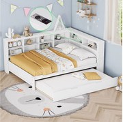 Łóżko wysuwane 140 x 200 cm + 90 x 190 cm z portem USB i regałem na książki - Drewno lite - Białe (bez materaca)