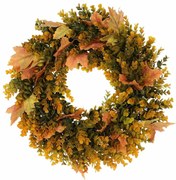 Jesienny wieniec sztuczny z liści eukaliptusa iklonu, średnica 40 cm, pomarańczowo-zielony
