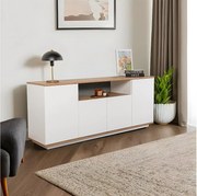 Elegancka komoda, biel i sosna atlantycka, 180 x 75 x 44,5 cm | Płyta wiórowa pokryta melaminą, grubość 18 mm | Idealna do nowoczesnych przestrzeni