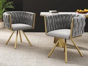 Zestaw 2 aksamitnych krzeseł obrotowych z podłokietnikami - złote metalowe nogi - Szary