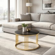 Stolik Kawowy Ceramiczny KORIN 70 cm Czarny Marmur/Złoty Glamour Nowoczesny