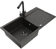 Mexen Leo zlewozmywak granitowy 1-komorowy z ociekaczem i baterią kuchenną Duero, czarny/złoty metalik - 6501-75-671600-70-B