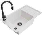 Mexen Elias zlewozmywak granitowy 1-komorowy z ociekaczem i baterią kuchenną Savita, biały - 6511-20-672601-70