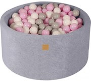 Okrągły Suchy Basen Dla Dziecka 90x40cm/300 Piłek 7cm, Welurowy, Jasnoszary, Piłki: Białe, Szare, Pastelowy Róż - Meowbaby®