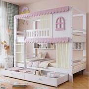 Łóżko piętrowe dla dzieci - 2 x 90 x 200 cm - z oknami + zasłony + otwarta półka + 2 szuflady - sosna + MDF - różowe