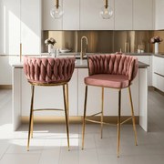 Krzesło Barowe Tapicerowane Plecione Hoker FLORES 2 Różowe Welurowe Nowoczesne Loft