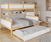 Łóżko piętrowe 90x200cm + 120x200cm + łóżko wysuwane 90x190cm - z półkami, szafą i schodami do przechowywania - z drewna sosnowego i MDF - Białe i Naturalne
