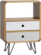 Stolik nocny Buda z 2 szufladami, kolor dębu, nogi metalowe w kolorze czarnym.