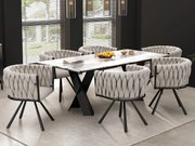 Zestaw 6 lnianych krzeseł obrotowych z podłokietnikami - czarne metalowe nogi - Beż