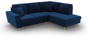 Niebieski aksamitny rozkładany narożnik ze schowkiem (prawostronny/w kształcie litery L) Kyoto – Cosmopolitan Design