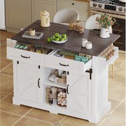 Wyspa kuchenna na kółkach - 120 x 45/70 x 91 cm - z blatem składanym + 2 drzwi przesuwnych + 2 szuflady - MDF - biała