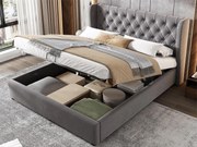 Łóżko ze schowkiem i zagłówkiem - 140 x 200 cm - aksamit - stelaż listwowy - szare