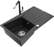 Mexen Cesar zlewozmywak granitowy 1-komorowy z ociekaczem i baterią kuchenną Flora, czarny/srebrny metalik - 6514-73-670401-07