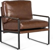 Fauteuil industriel en fer noir et simili cuir brun vieilli