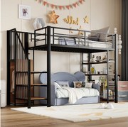 Łóżko piętrowe dla dzieci - 90 x 200 - ze schodami + schowkiem + półkami - MDF + metal - czarne
