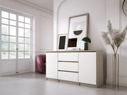 Komoda: Dąb Sonoma / Biały Mat, 140 x 78 x 39 cm, 3 szuflady, 2 drzwi