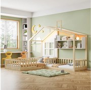 Łóżko dziecięce kabinowe - 90 x 200 cm + 140 x 70 cm - z półkami - MDF + sosna - w zestawie stelaż z listew - naturalny