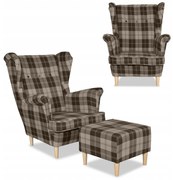 Fotel uszak Winston z podnóżkiem pufą Family Meble krata brązowa
