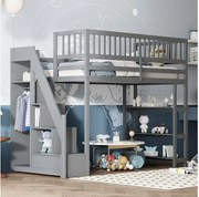 Łóżko piętrowe 90 x 200 cm z szafą, półkami i schowkiem - Drewno sosnowe + sklejka + MDF - szare