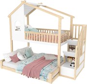 Łóżko piętrowe dla dzieci - 90 x 200 cm + 140 x 200 cm - z drabinką + okno - sosna - naturalny + biały