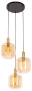 Designerska lampa wisząca czarna z mosiądzem i bursztynowym szkłem 3-światłowa - ZuzannaDesignerski Oswietlenie wewnetrzne