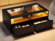 Stolik kawowy 100x50x35cm - z oświetleniem LED - 2 szuflady - Blat szklany - Otwarta przestrzeń do przechowywania - Czarny