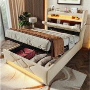 Łóżko 90x200 cm z pojemnikiem - Łóżko dla dorosłych z ładowaniem USB i oświetleniem LED - beżowy len - bez materaca