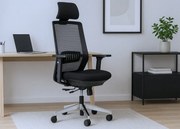 Najwyższej klasy fotel biurowy z pełną regulacją 3D (podłokietniki, zagłówek, lędźwie, głębokości siedziska. Ergonomiczne oparcie, baza chromowana. Odporność 110k cykli Martindale'a. Zgodny z normą BHP 2023. Super cena!