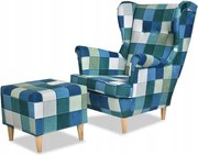 Fotel Uszak z pufką niebiesko zielona kratka salon