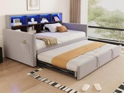 Rozkładana sofa z poduszkami 90x190cm - z oświetleniem LED - z gniazdem ładowania - z wysuwane łóżko - tkanina welurowa - Jasnoszary
