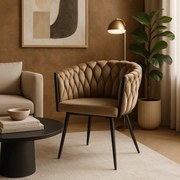 Krzesło Tapicerowane Plecione do Salonu ELENA Beżowe Welurowe Nowoczesne Loft