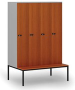Drewniana szafa ubraniowa S4 z ławką, 4-drzwiowa, 1871 x 1200 x 500/800 mm, demontaż, zamek mechaniczny z kodem, szary/czereśnia