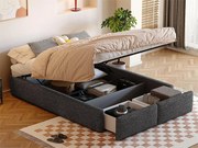 Łóżko podwójne tapicerowane 140x200cm bez zagłówka - z 2 szufladami - Tkanina lniana - Szary