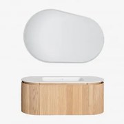 Zestaw Mebli Łazienkowych Z Drewna Zintegrowany Z Umywalką Carsone Naturalna & Bez Jednostki Pomocniczej & Owalna Lampa Led I - Sklum