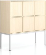 Szafa biurowa FRAME, niska, podstawa biała, 6x drzwi, 1299 x 450 x 1331 mm, PUSH-lock, brzoza