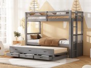 Łóżko piętrowe dla dzieci z łóżkiem wysuwanym dla 3 osób - 90 x 200 cm - 3 szuflady - sosna i płyta MDF - szare