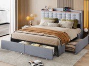 Łóżko tapicerowane 160 x 200 cm z 4 szufladami i półką - port ładowania USB - szare