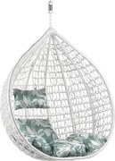 Białe wiszące krzesło KOKON bez stojaka, zielono-biała poduszka