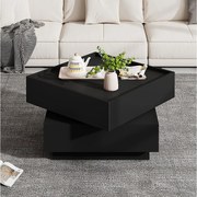 Kwadratowy stolik kawowy z obrotowym blatem i 2 szufladami, czarny - do salonu lub sypialni