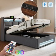 Łóżko ze schowkiem 90 x 200 cm - szary len - Łóżko dziecięce z portem USB i oświetleniem LED - metalowa rama - bez materaca