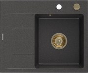 Mexen Ben zlewozmywak granitowy 1-komorowy z ociekaczem, prawy 600 x 500 mm, czarny nakrapiany, syfon złoty - 6523605000-76-G
