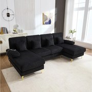 Aksamitna sofa narożna - Sofa narożna z oświetleniem LED i 4 poduszkami - port USB i podłokietniki - czarna